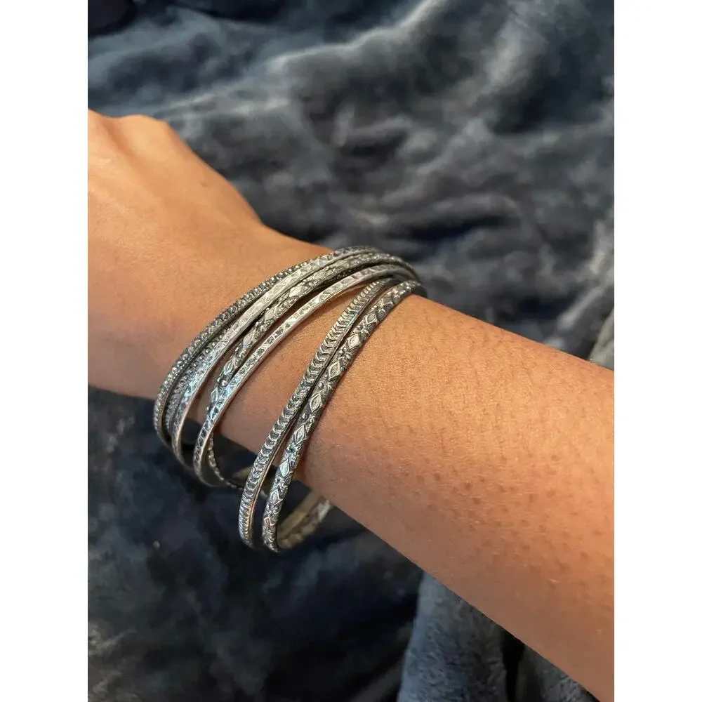 Lot of 6 Silver Tone Textured Metal Bangle Bracelets